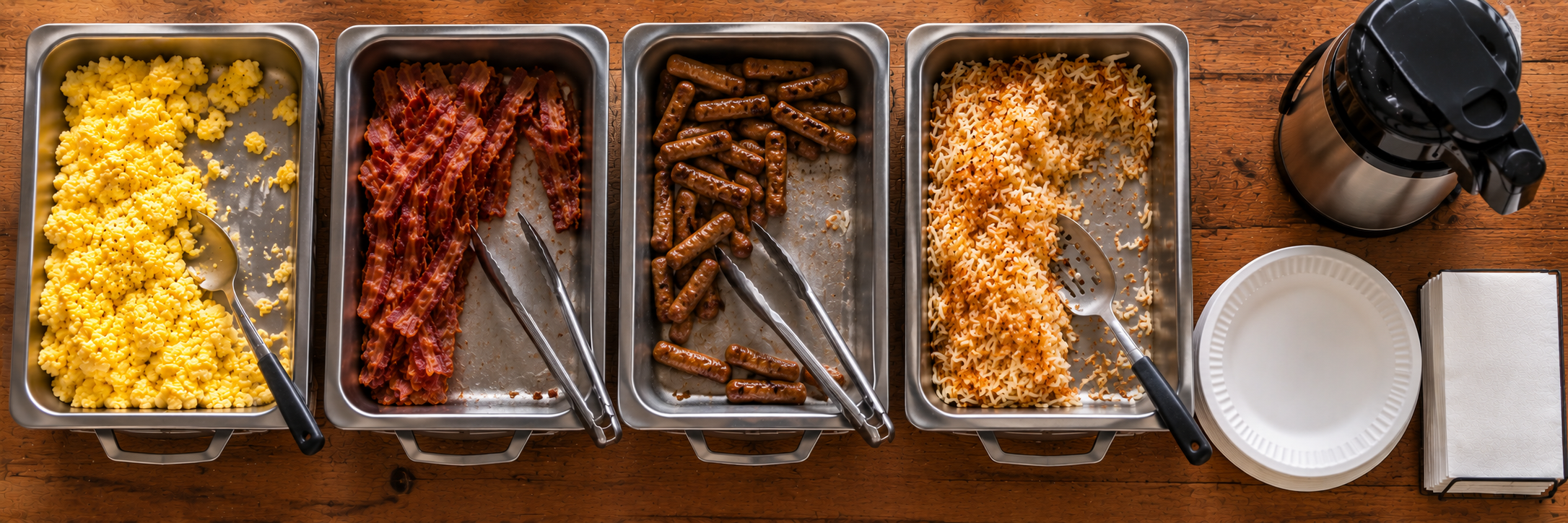 Breakfast buffet with scrambled eggs, bacon, sausage, hash browns, and coffee